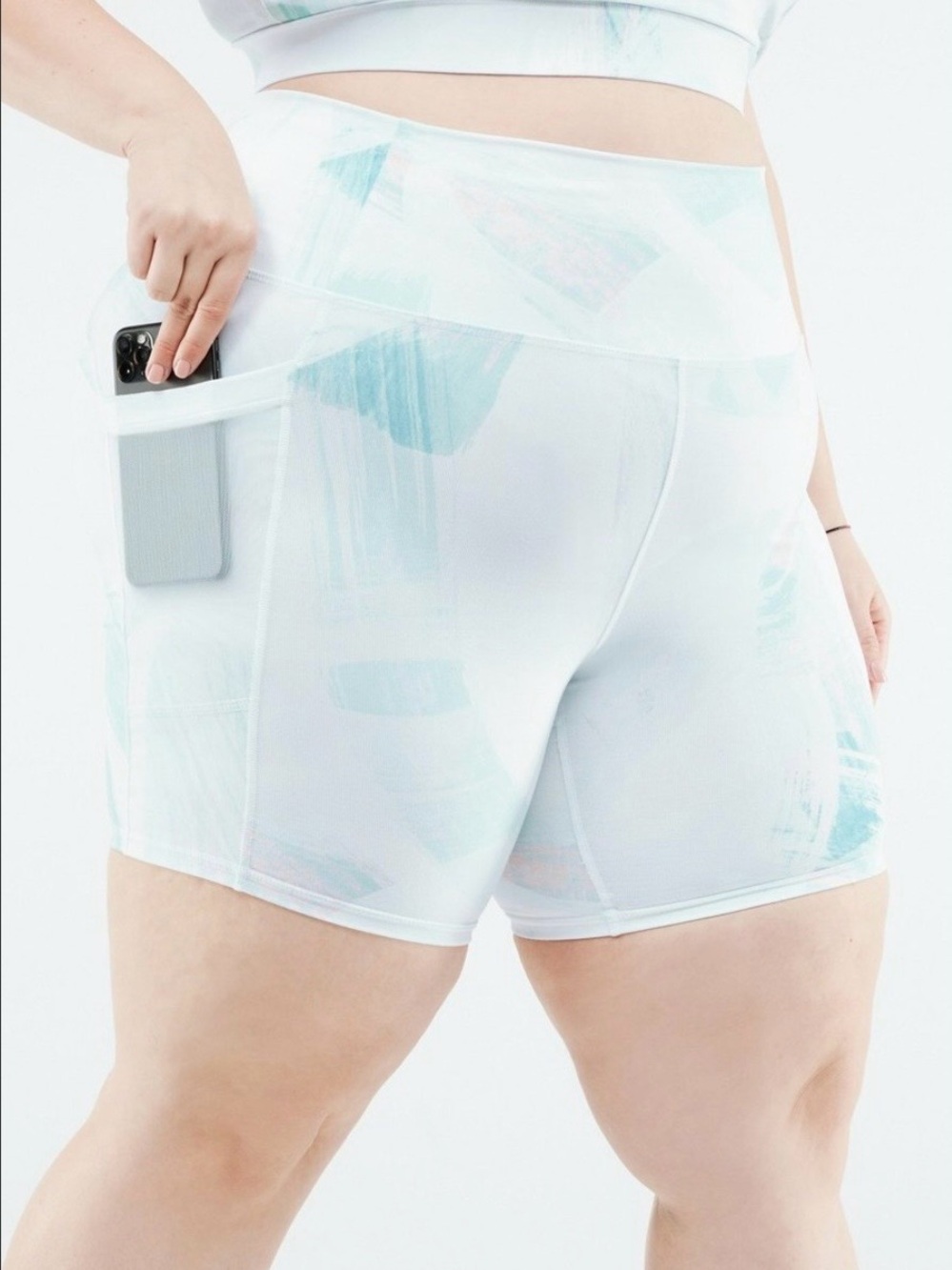 Fabletics High-Waist White Active Power Hold Shorts with Pastel Brushprint Large
